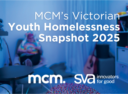 Person sitting on a chair in a small room, wearing headphones and a tie-dye shirt, with the text "MCM’s Victorian Youth Homelessness Snapshot 2025" and logos for MCM and SVA (Social Ventures Australia) overlaid.